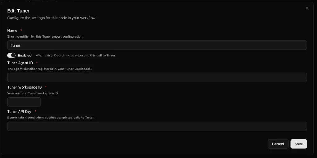 Menace Voice Edit Tuner modal with credential fields and Enabled toggle