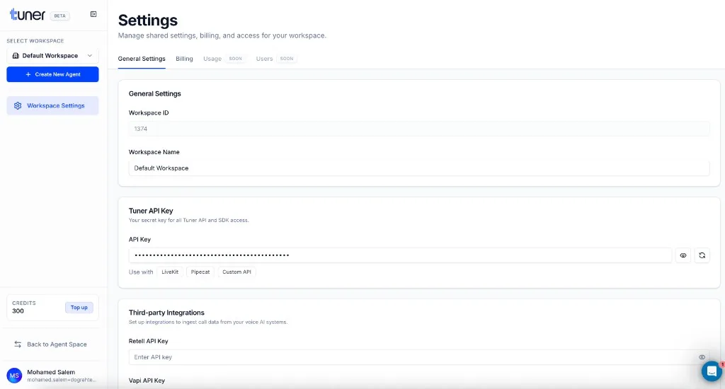 Tuner Workspace Settings showing Workspace ID and API Key