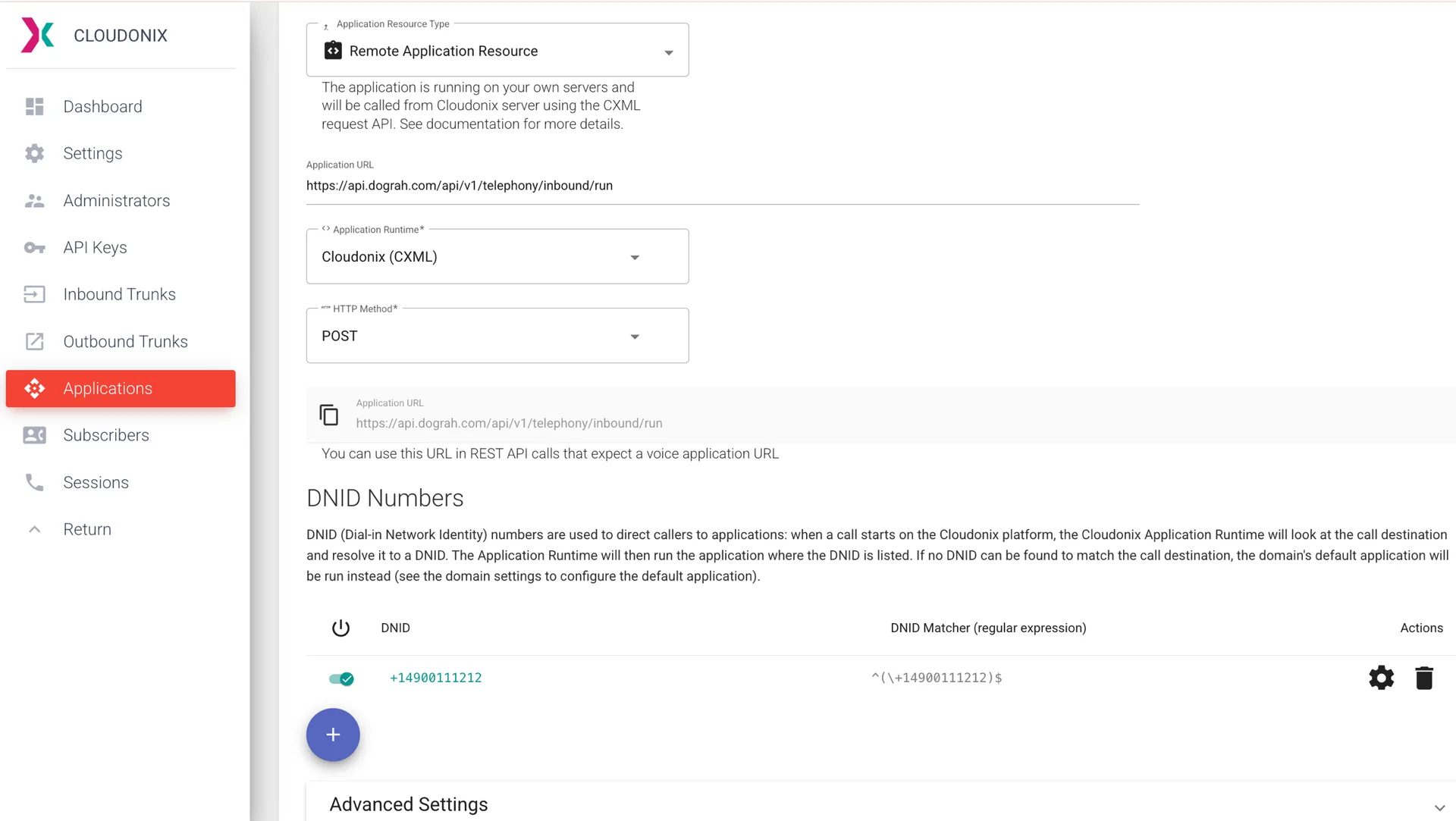 Cloudonix application form showing Remote Application Resource type, Cloudonix CXML runtime, the Menace Voice inbound URL, POST method, and a DNID number entry