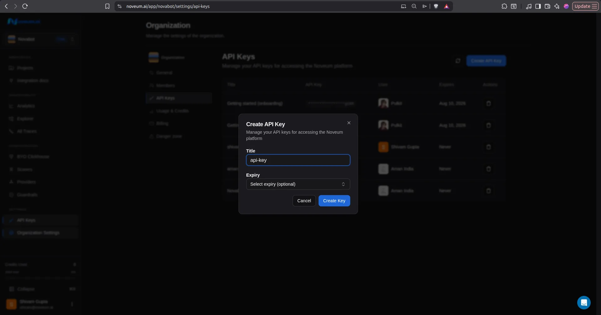 Noveum dashboard — creating an API key under Settings → API Keys