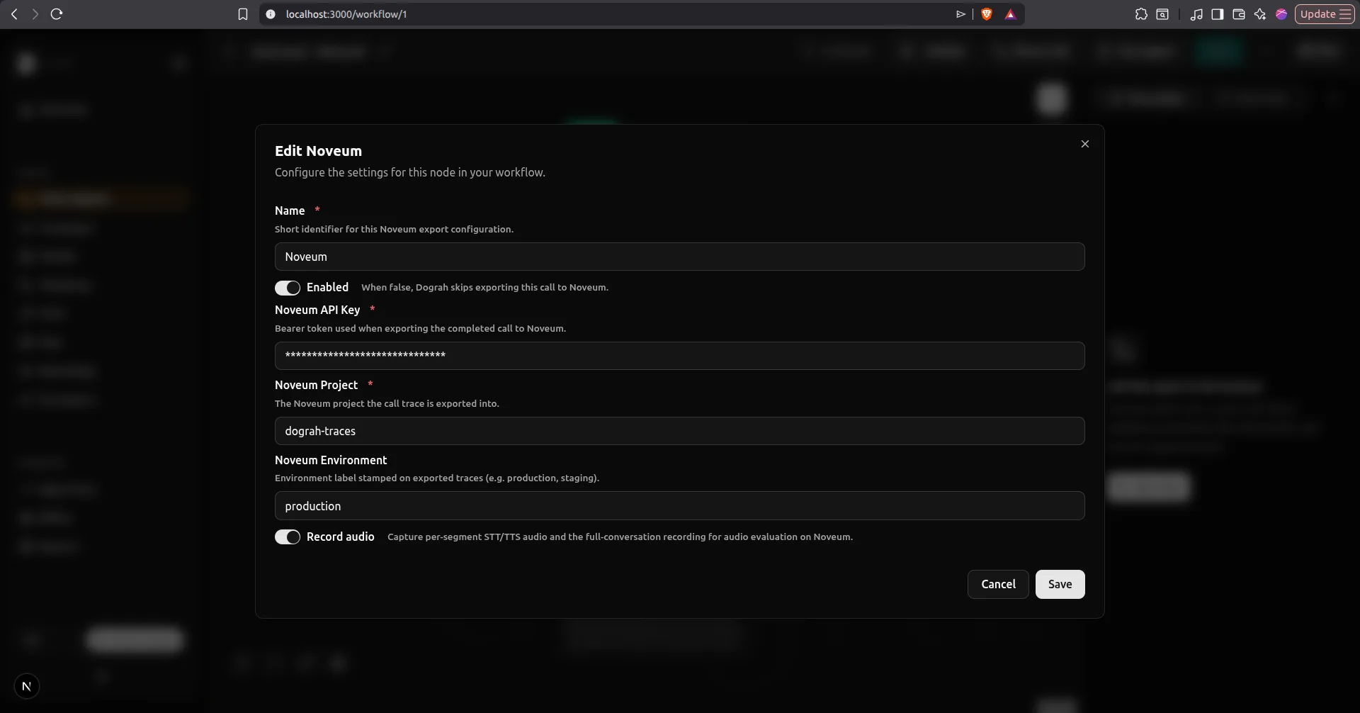 Menace Voice Edit Noveum modal with API key, project, environment, and audio fields