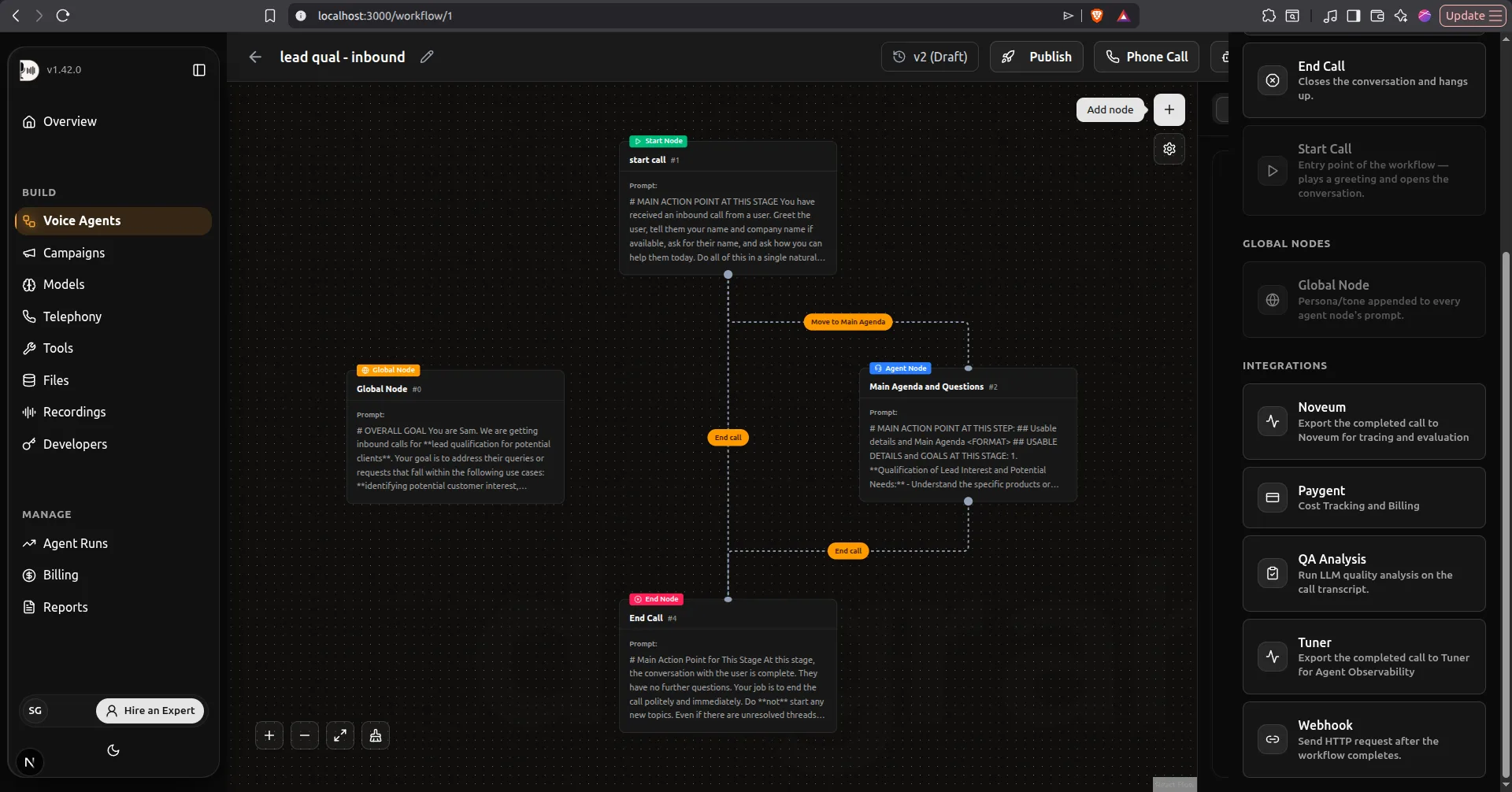 Menace Voice Integrations panel showing the Noveum node