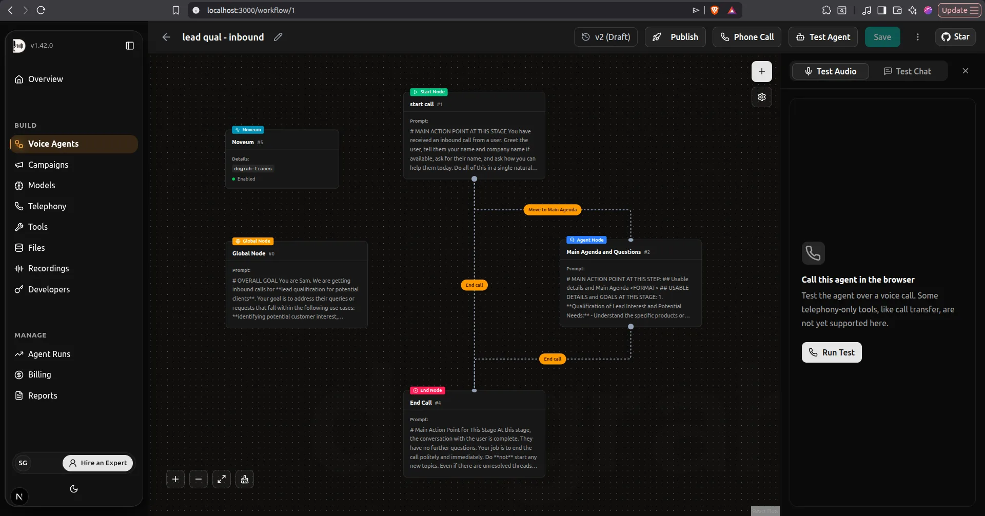 Noveum node on the canvas showing configured and enabled