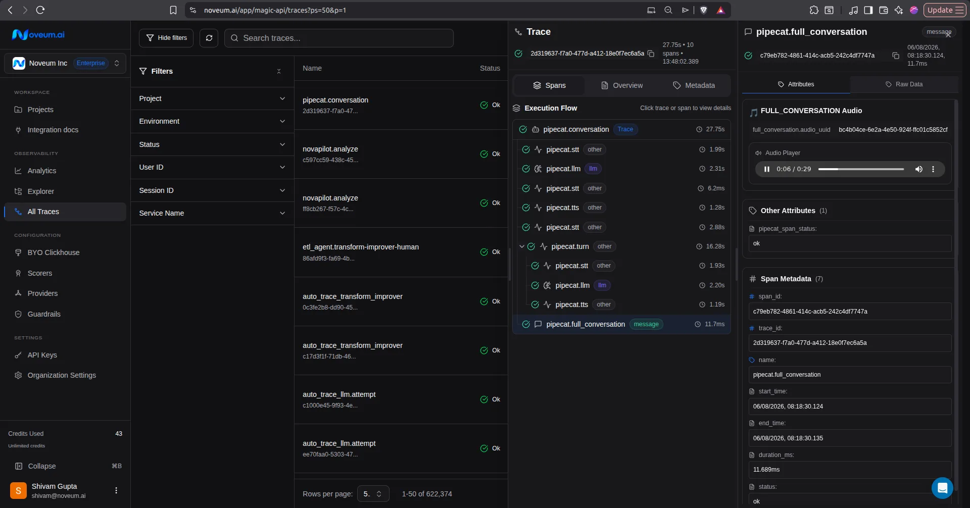 Noveum trace view showing a Menace Voice call with per-turn STT, LLM, and TTS spans