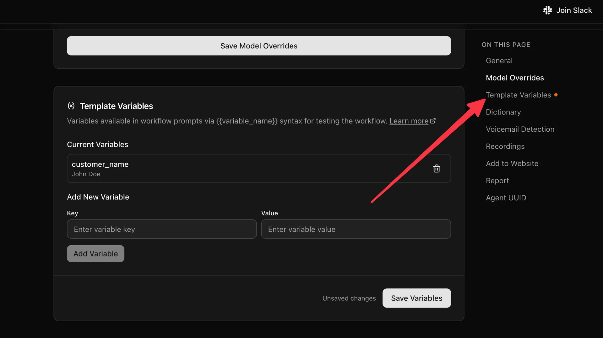 Template Variables panel in workflow Settings, showing a customer_name variable and fields to add new key/value pairs