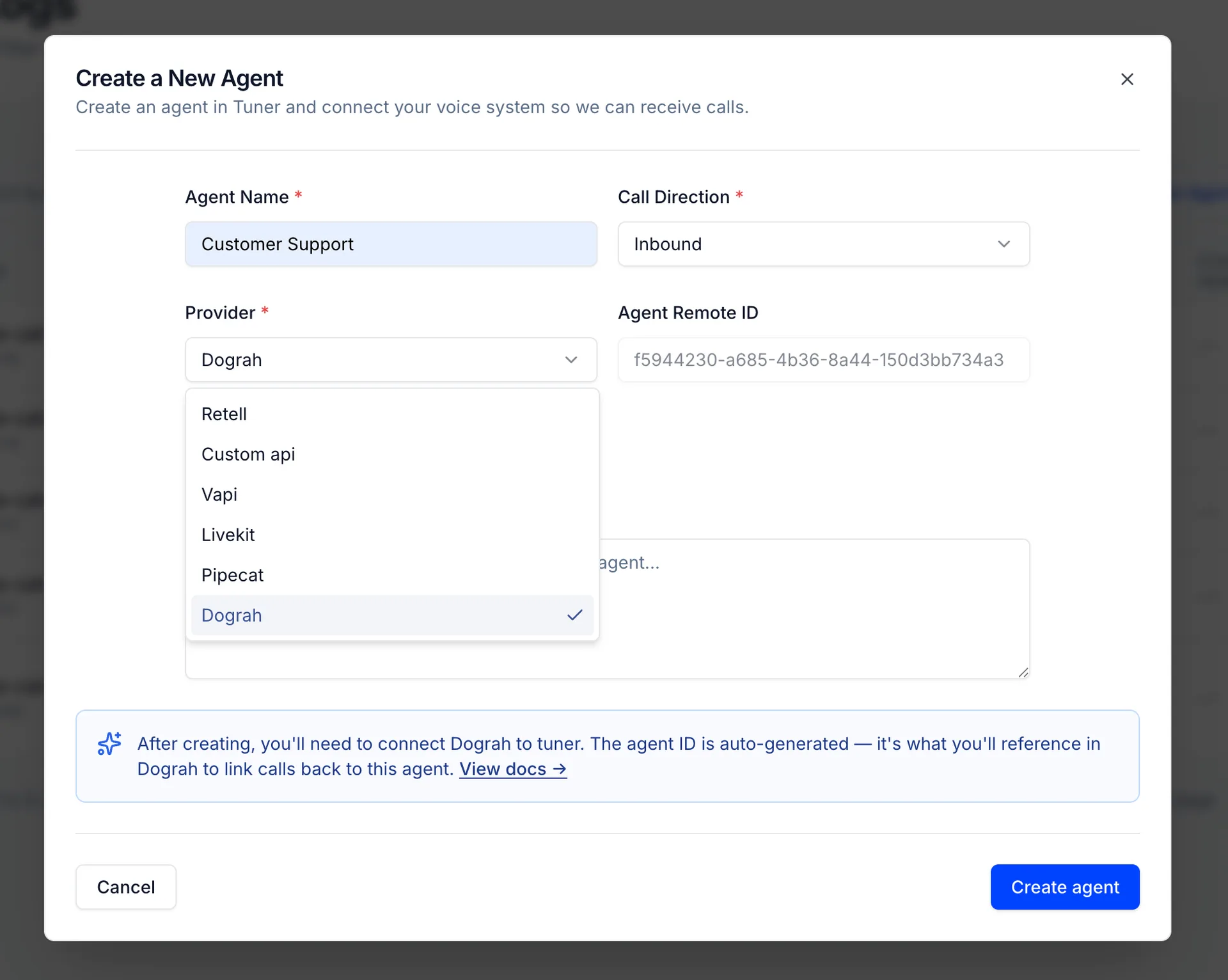 Create a New Agent modal in Tuner — set Provider to Menace Voice