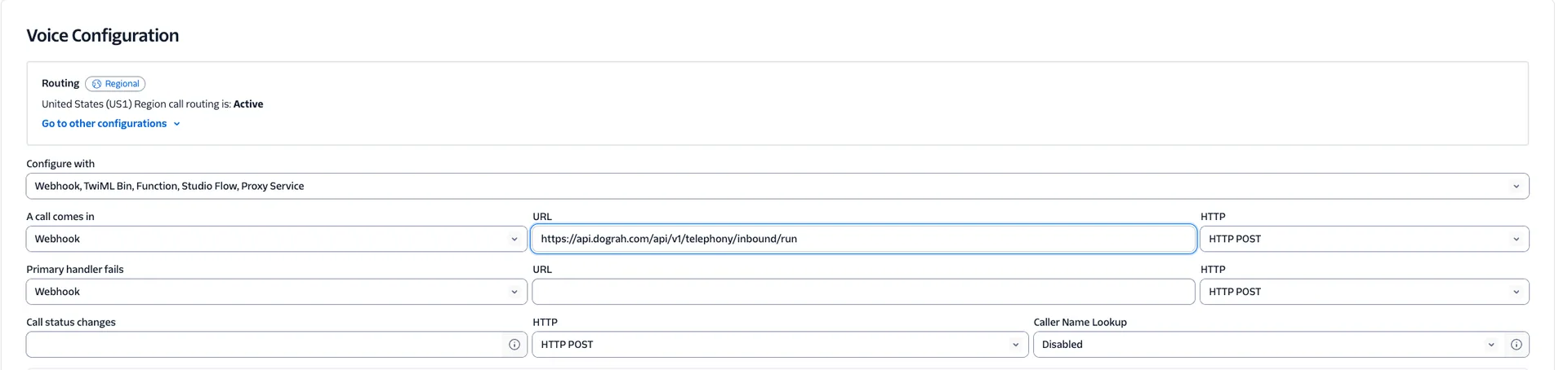 Twilio phone number voice configuration showing webhook URL setup for inbound calls