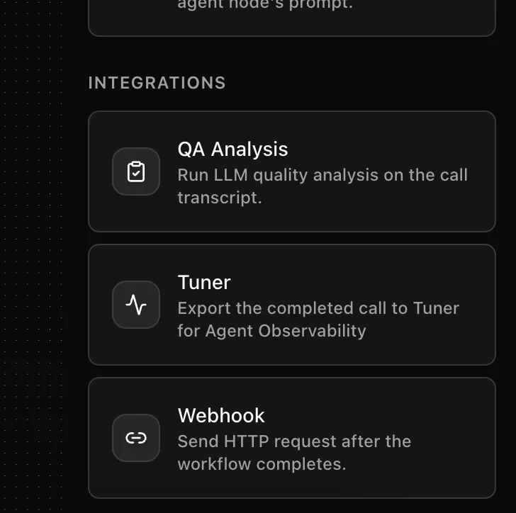 Menace Voice Integrations panel showing QA Analysis, Tuner, and Webhook